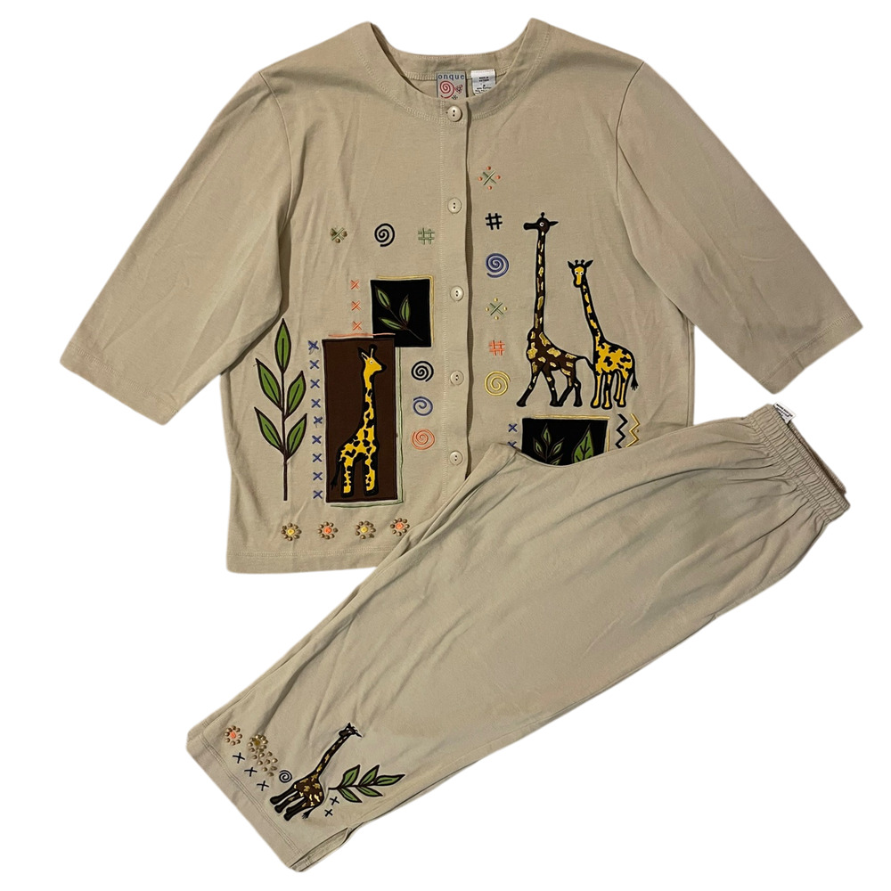 Onque Casuals All Over Print Outfit Set Vintage Sz M Giraffe Safari Embroidered
